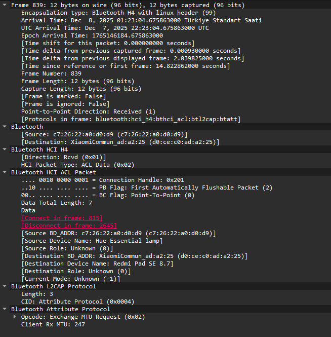 Wireshark LE Advertising Report frame