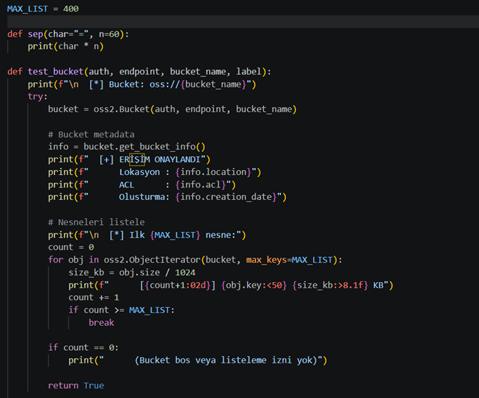 Python oss2 ile bucket bağlantısı kuran PoC kodu