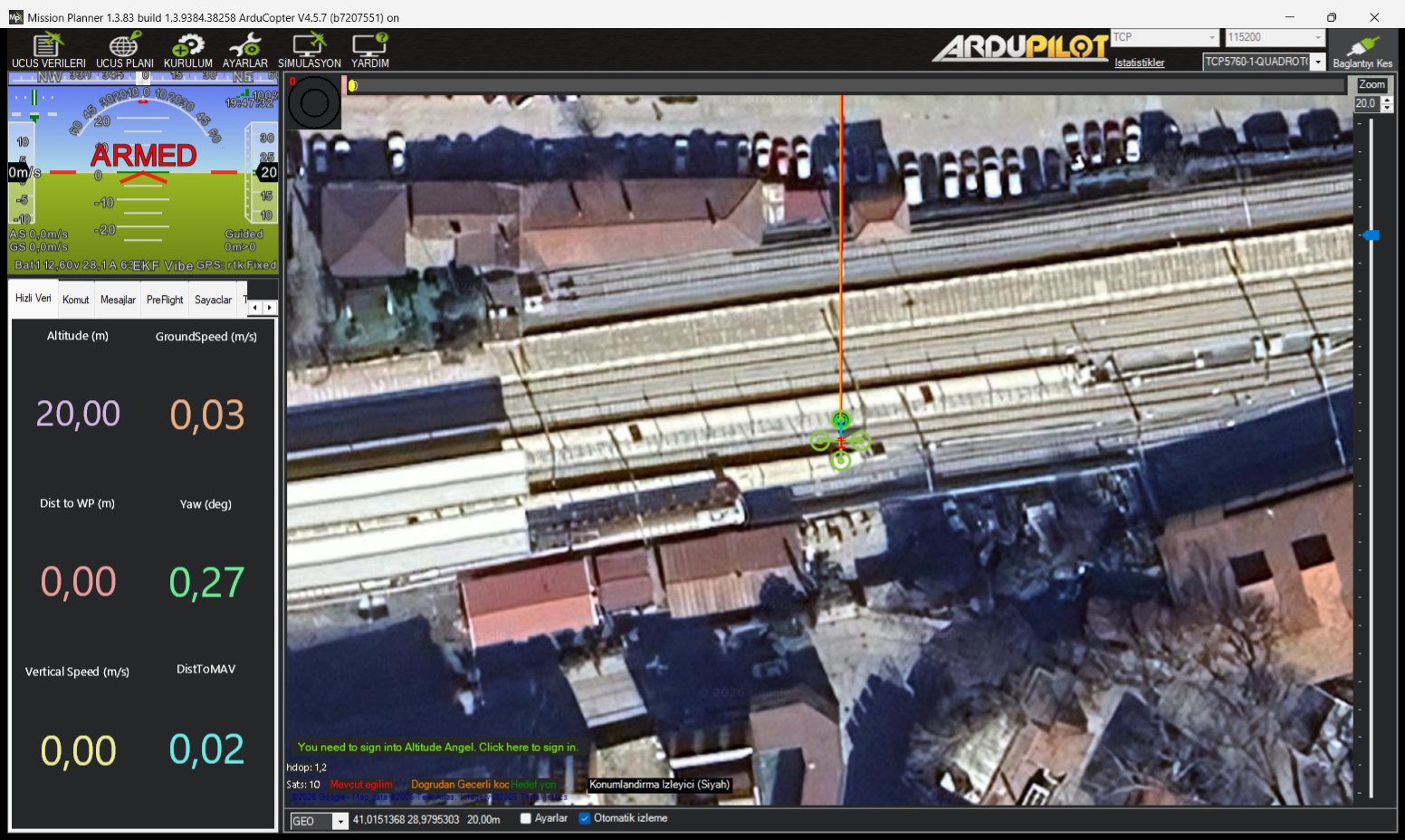 Mission Planner, SITL'deki araç İstanbul üzerinde 20 metrede, ARMED durumda